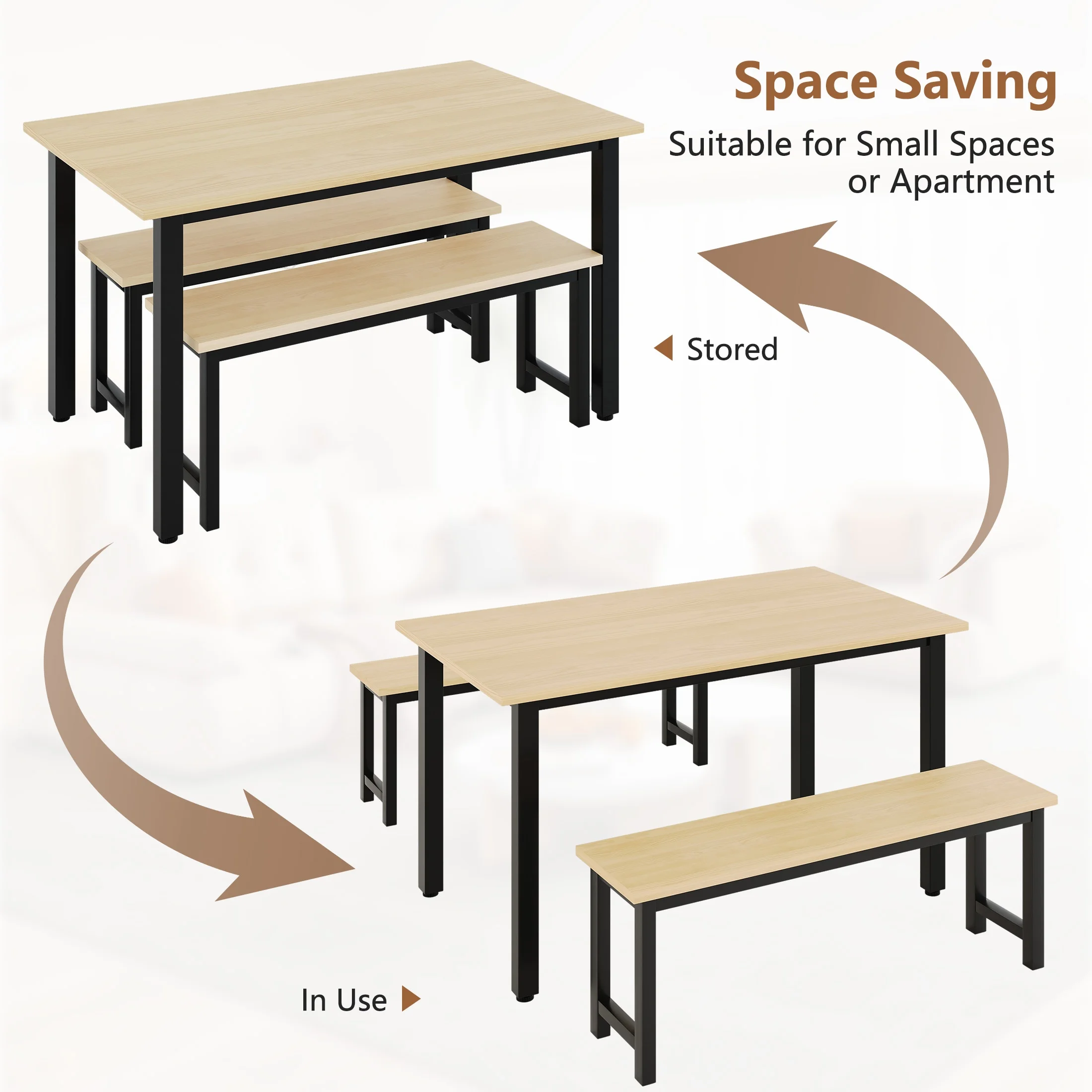 UHOMEPRO Dining Room Table Set, 3-Piece Dining Table Set with 2 Benches, Kitchen Table Set for 4 with Metal Frame, Modern Dining Room Set Furniture Set for Bar Dining Room Breakfast Nook, Black