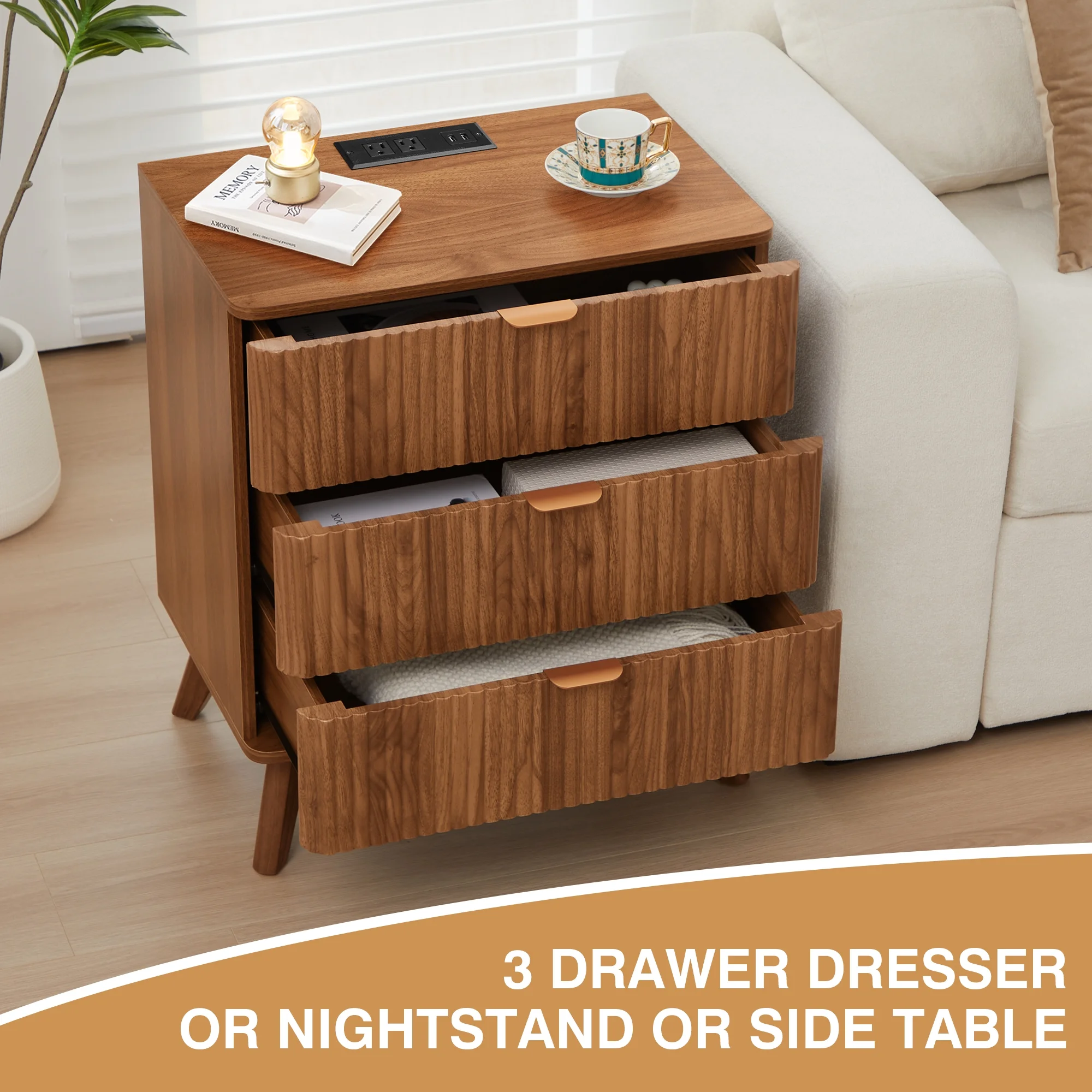 YOCWO Fluted Nightstand for Bedroom Set of 2 , Wood Bedside Table Set of 2 with Drawers, Black