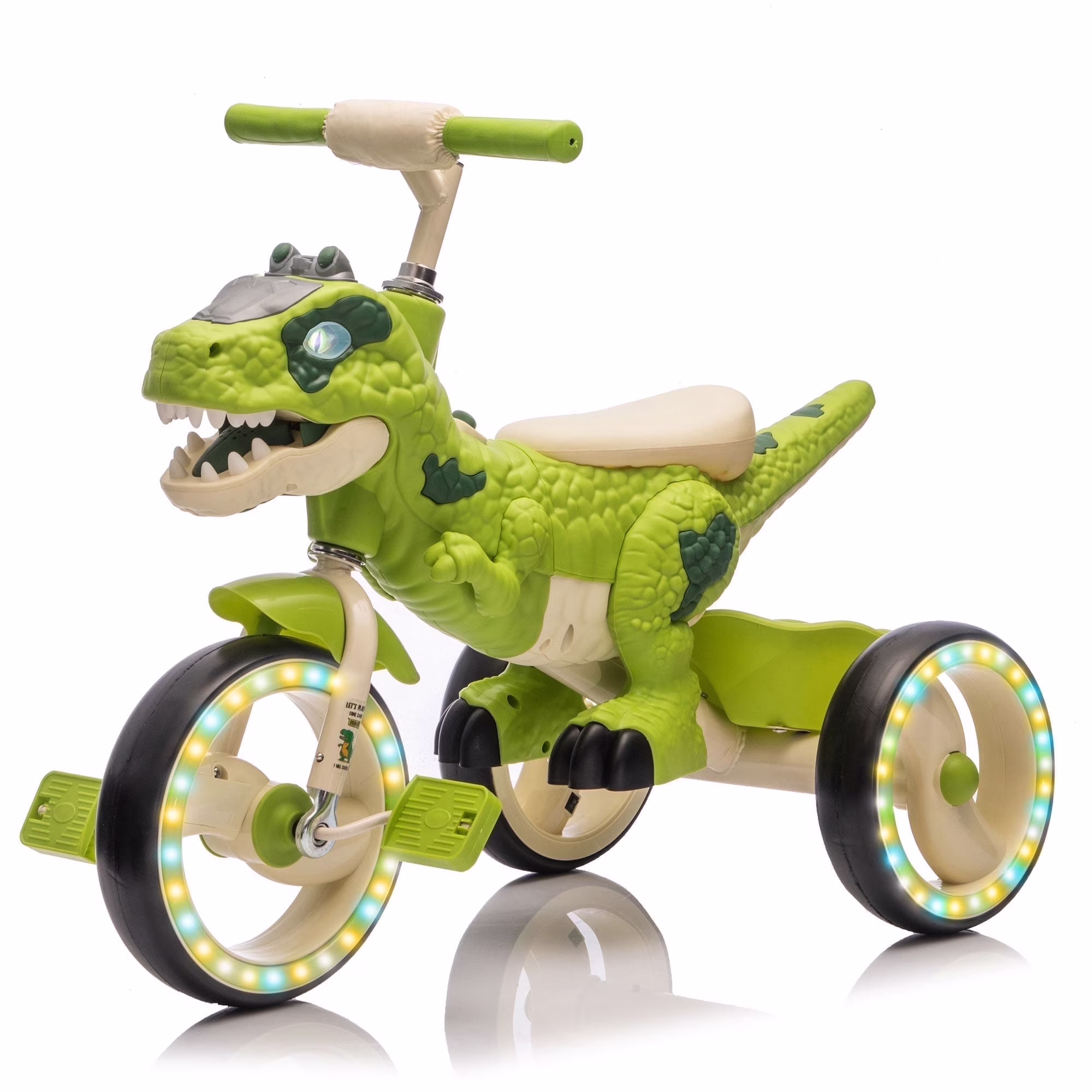 Xuanlur Kids Ride on Dinosaur Tricycle, Toddlers Kid Trike with Wide Flash Wheels, Anti-Slip Pedals, Rear Basket, Music & LED Lights, Toddler Bike Toys Gift for 3-6 Year Old Boys & Girls (Green)