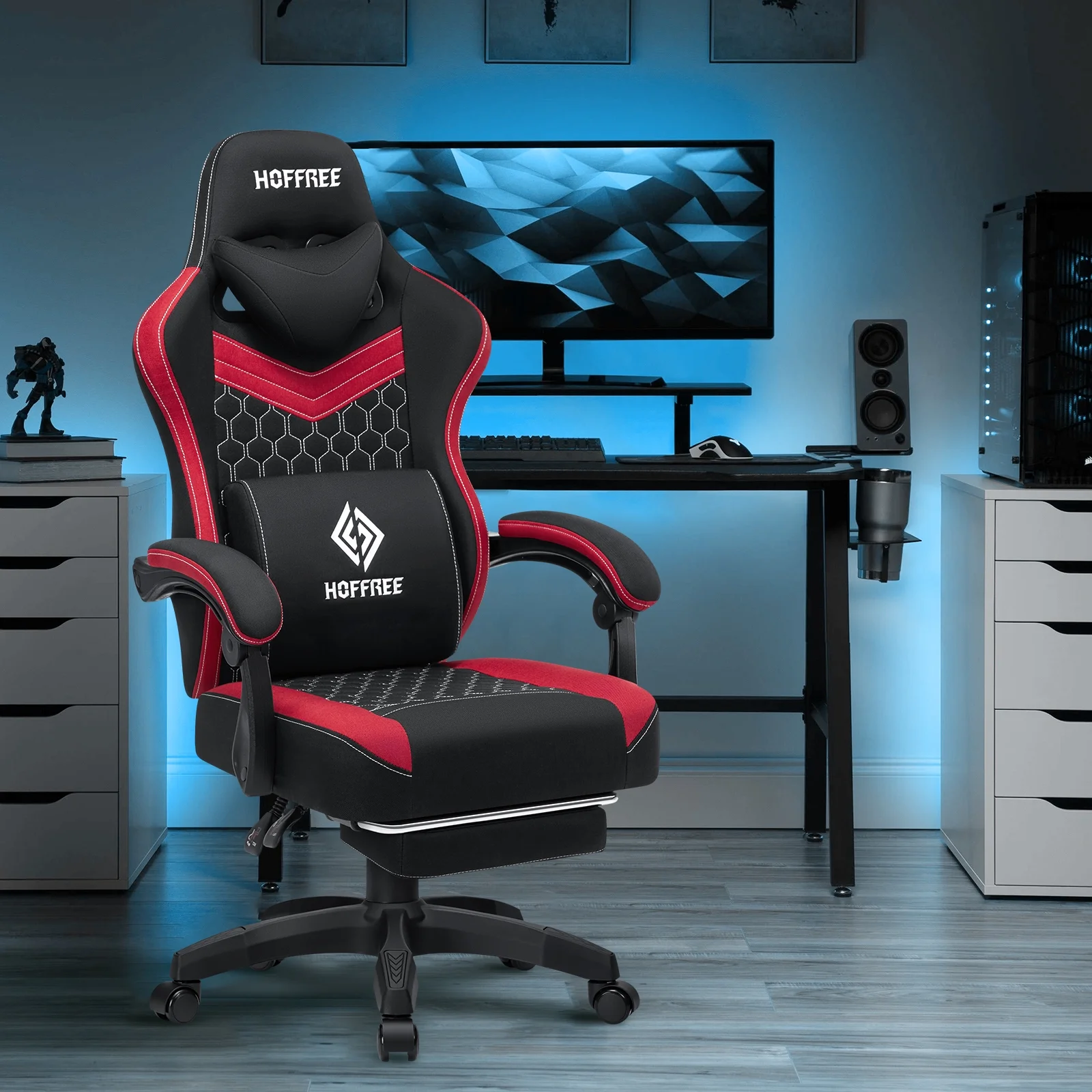 Hoffree Gaming Chair with Speakers Fabric Gamer Chair with footrest and massage Big and Tall Video Game Chair with Headrest and Lumbar Support for Adults