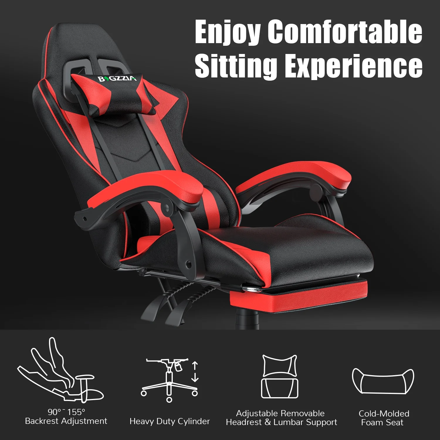 Bigzzia Gaming Chair Office Chair, Ergonomic Game Chair with Height Adjustable Headrest and Lumbar Support for Adults Teens, Black & White