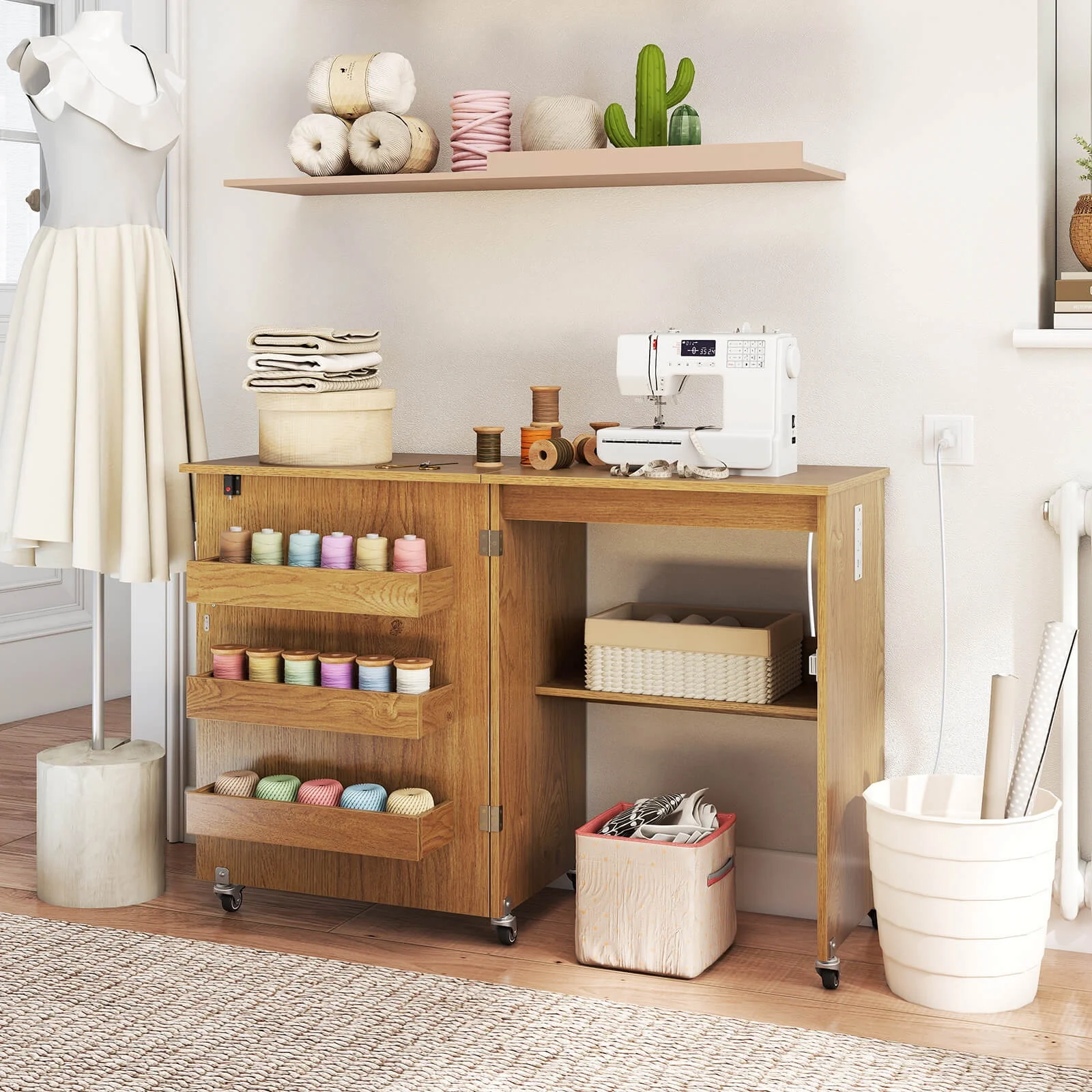 Costway Folding Sewing Table Rolling Craft Station with 3 Storage Bins & Charging Station Natural