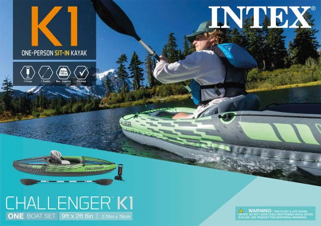 Intex Challenger K1 Inflatable Single Person Kayak Set and Accessory Kit w/ Pump