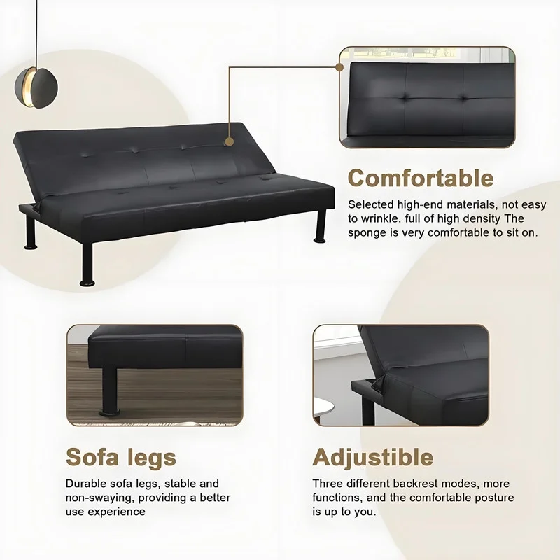 Couches for Living Room Upholstered Convertible Folding Futon Sofa Bed Modern Small Faux Leather Sleeper Sofa Love Seat for Bedroom, Apartment, Black
