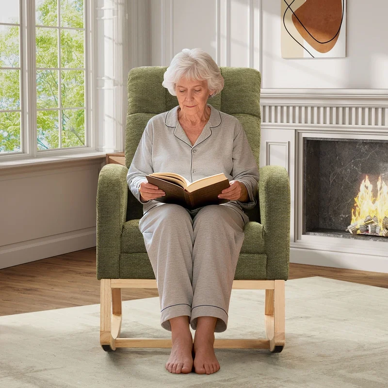 FFH Rocking Chair Nursery, Tufted Accent Rocker Chair, Upholstered Armchair with Adjustable Footrest, Side Pocket, High Backrest, Padded Seat, Polyester Blend (Retro, Dark Gray)