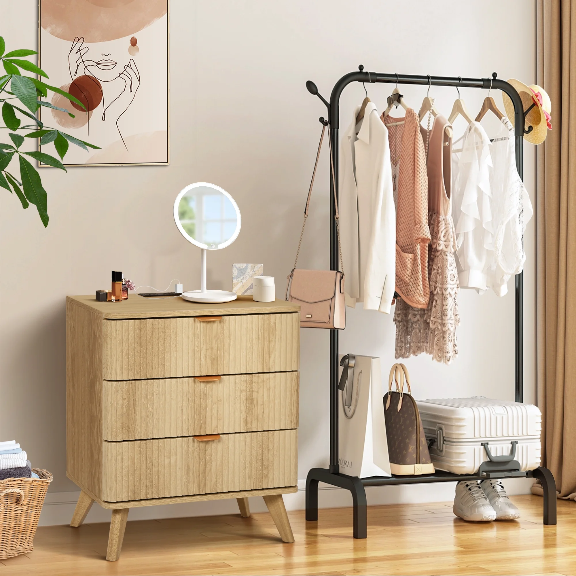 YOCWO Fluted Nightstand for Bedroom Set of 2 , Wood Bedside Table Set of 2 with Drawers, Black