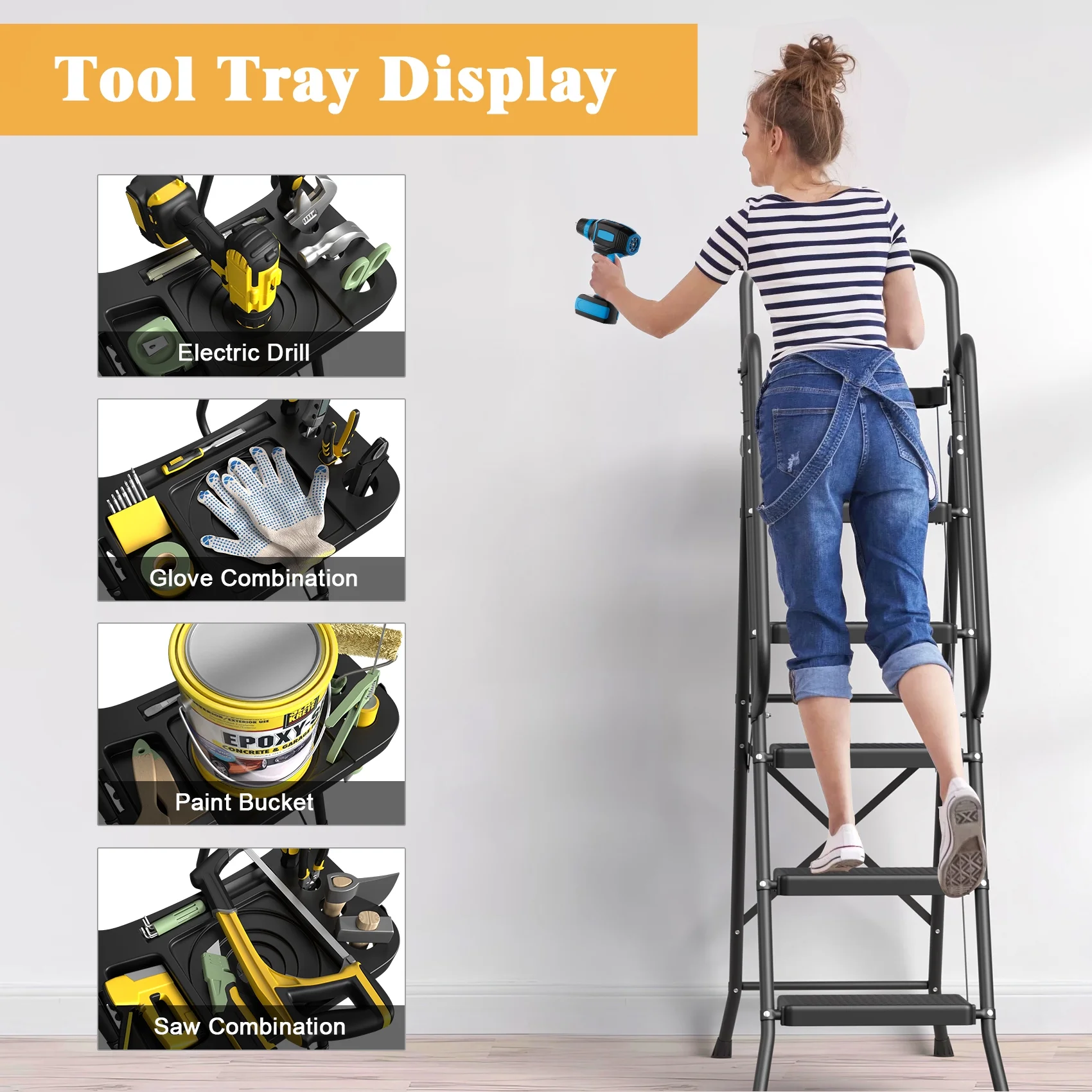 JOZ 5-Step Ladder, 350lbs Portable Folding Ladders for Home, with Handrails and Tool Tray and Anti-Slip Pedal, Black