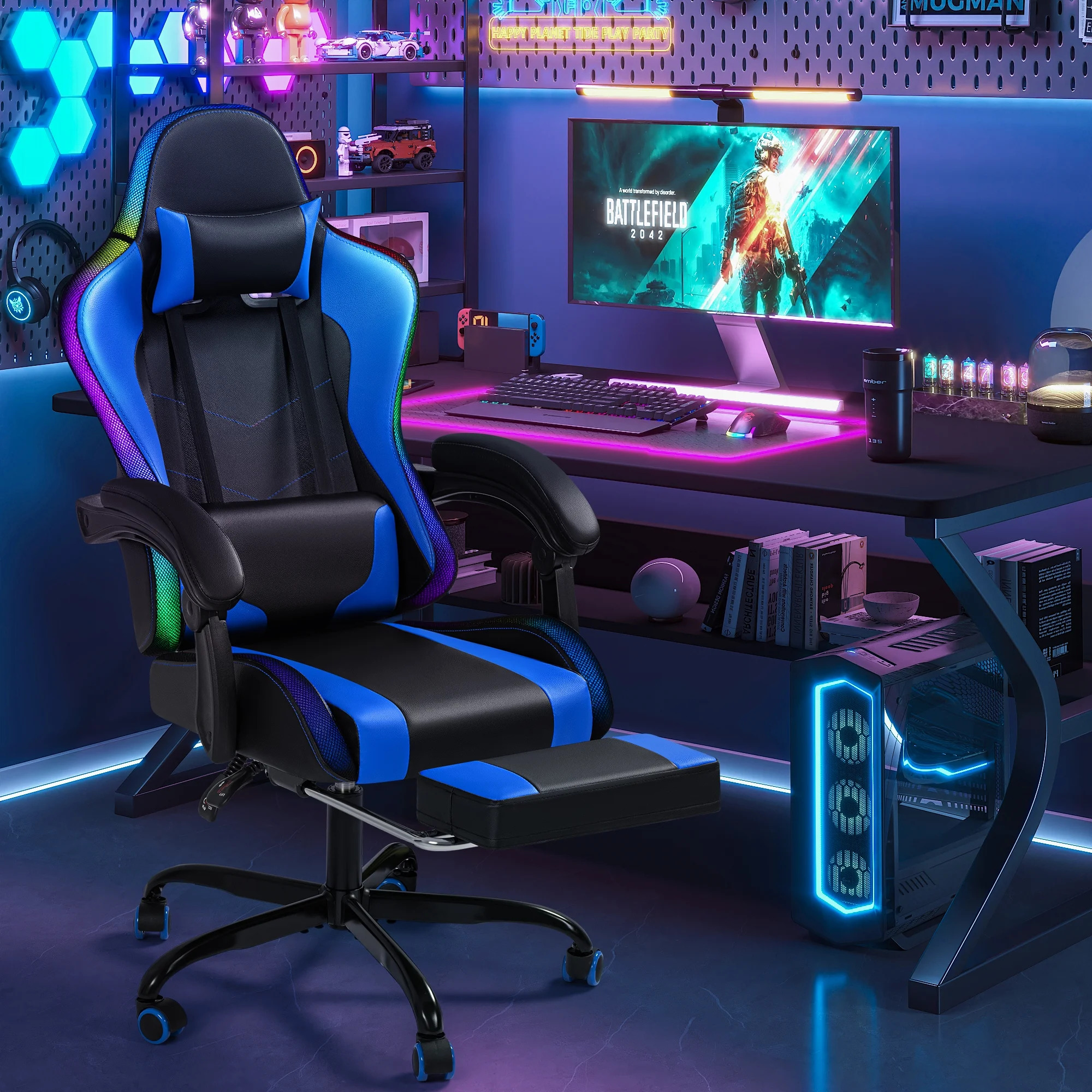 Homall RGB Gaming Chair with Massage and LED Lights Ergonomic Computer Chair with Footrest & Adjustable Lumbar Support, White