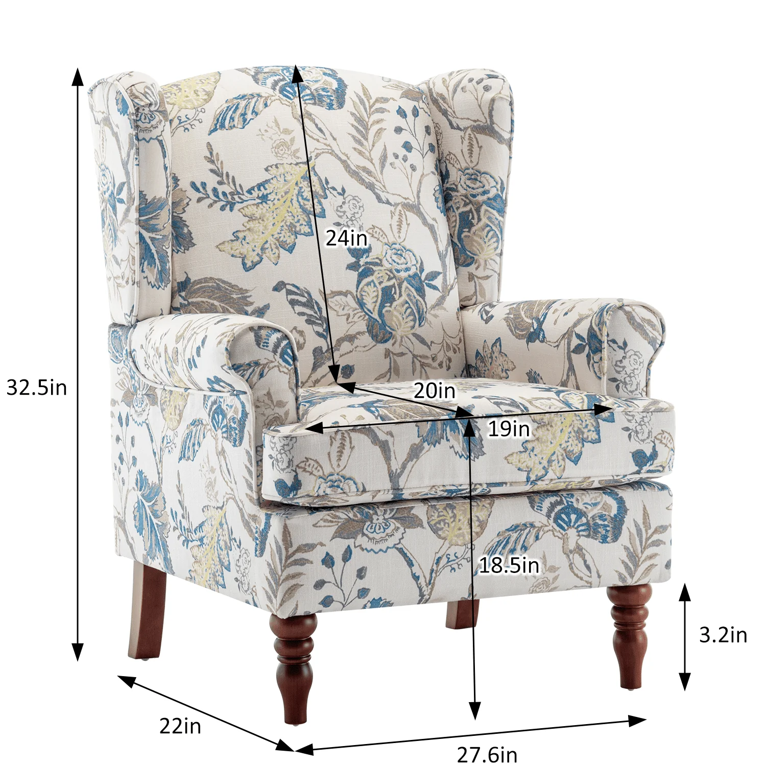 Hommow Upholstered Accent Chair, Floral Print Fabric Armchair,Blue