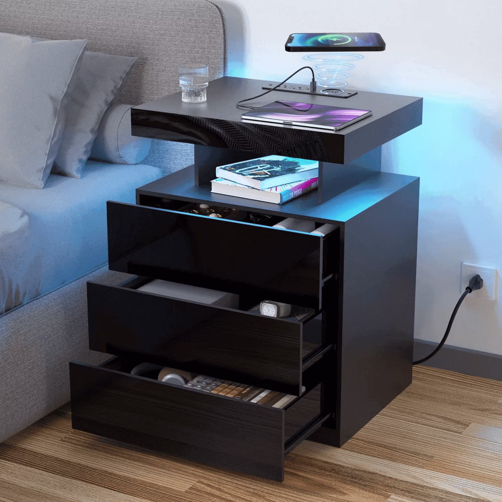 Hommpa LED Nightstand Wireless Charging Station USB Type C Outlets Bedside Table 3 Drawers Black Night Table Modern Smart Nightstand High Gloss End Side Table for Bedroom Furniture 26.8