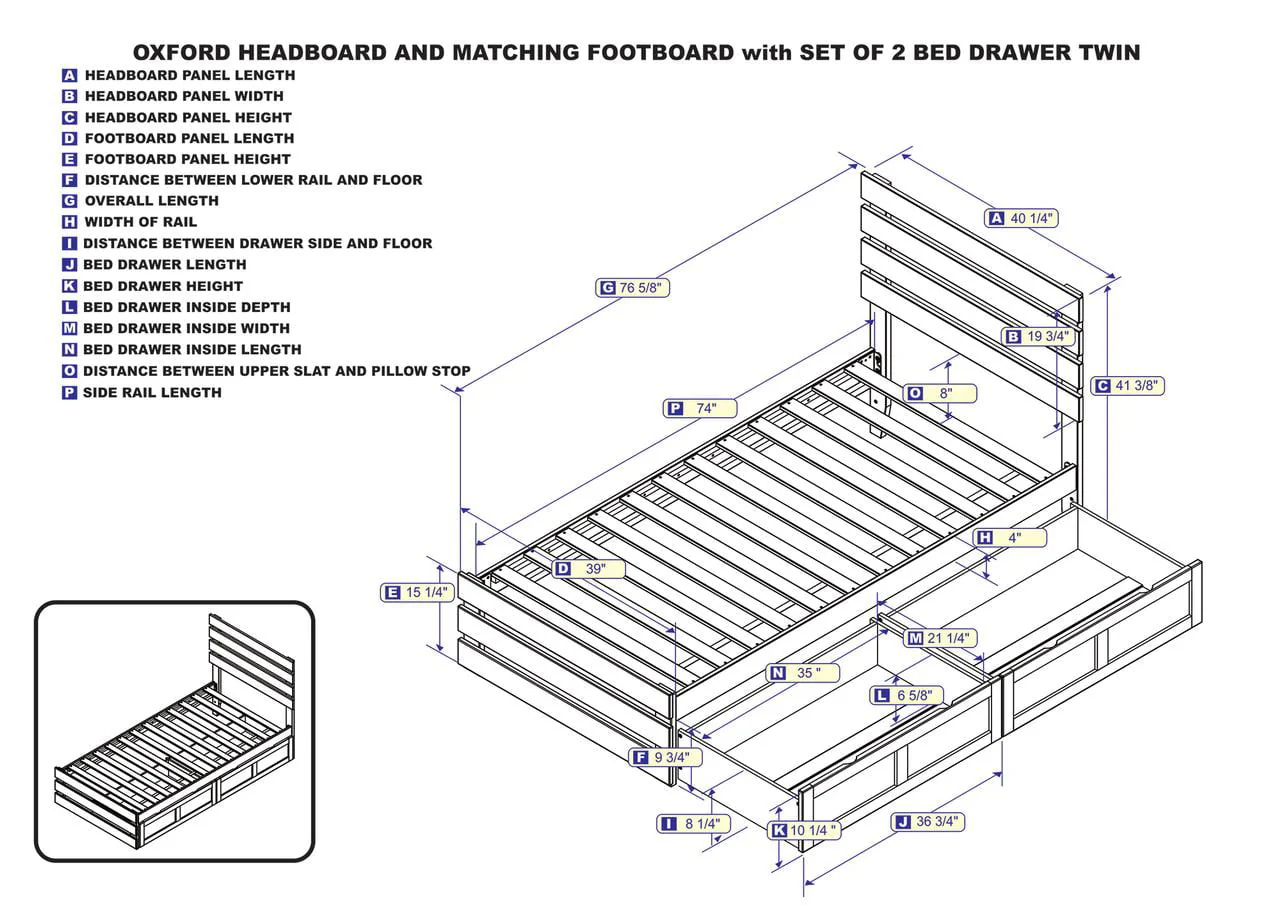 Oxford Twin Bed with Footboard and USB Turbo Charger with 2 Drawers in Grey