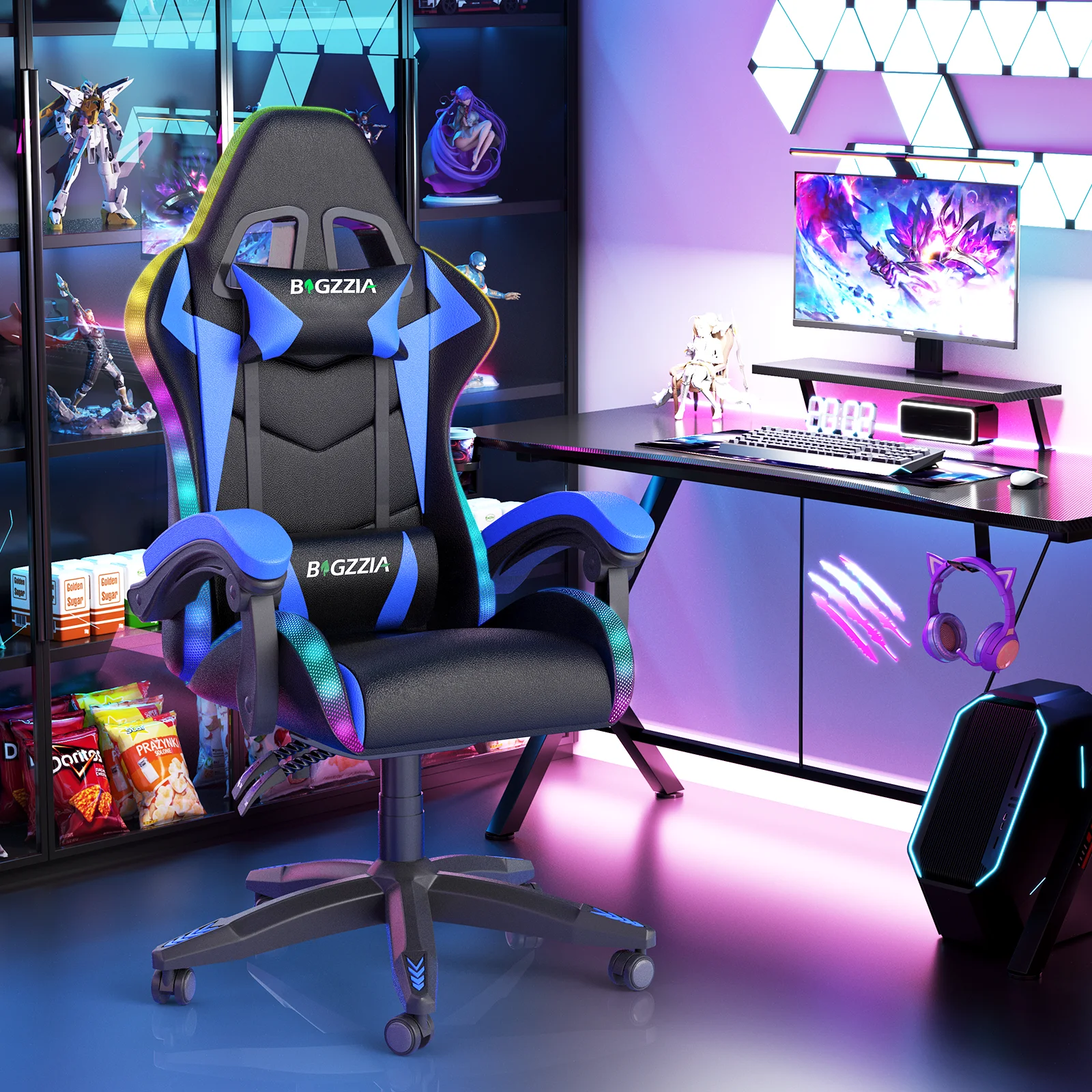 Bigzzia Gaming Chair with LED Lights Ergonomic Office Chair for Adults and Kids - Adjustable Height, 360�� Swivel, Headrest Support, Mesh PU Leather, Black & Green