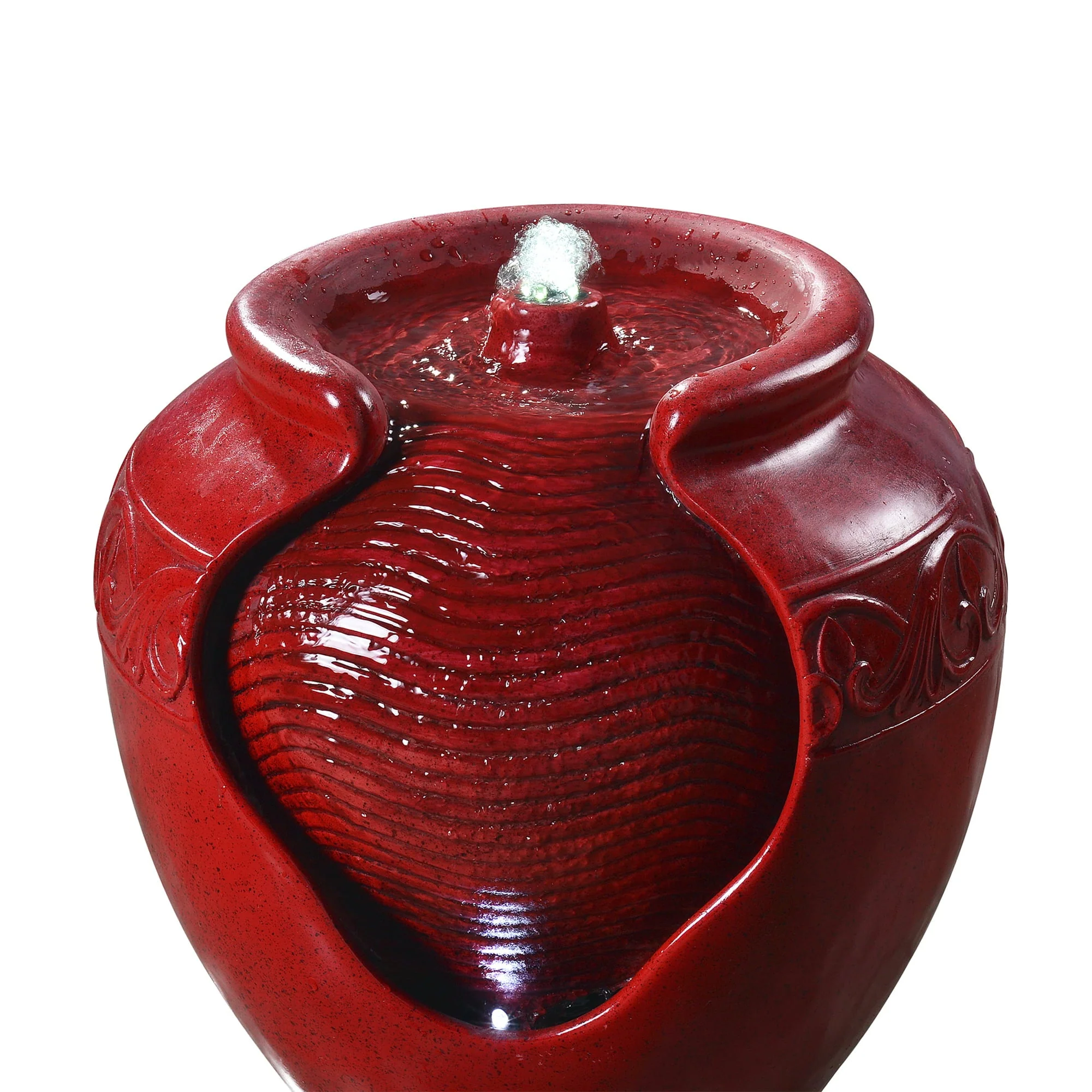 Teamson Home Outdoor Glazed Pot Floor Fountain with LED Lights, Red