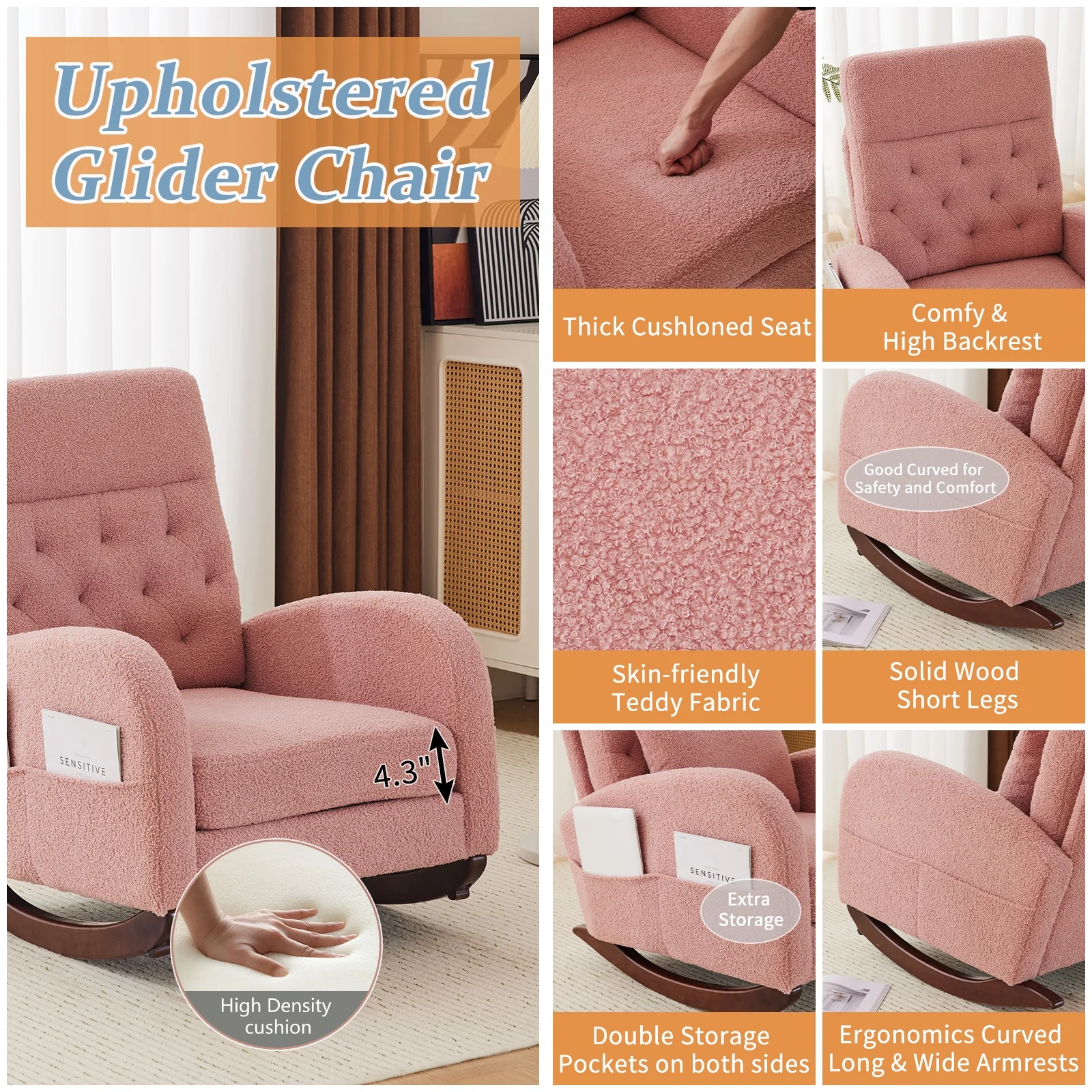 Ktaxon Rocking Accent Chair Glider Reading Chair Comfy Teddy Velvet Upholstered Single Sofa Rocker for Living Room, Nursery, Bedroom Beige