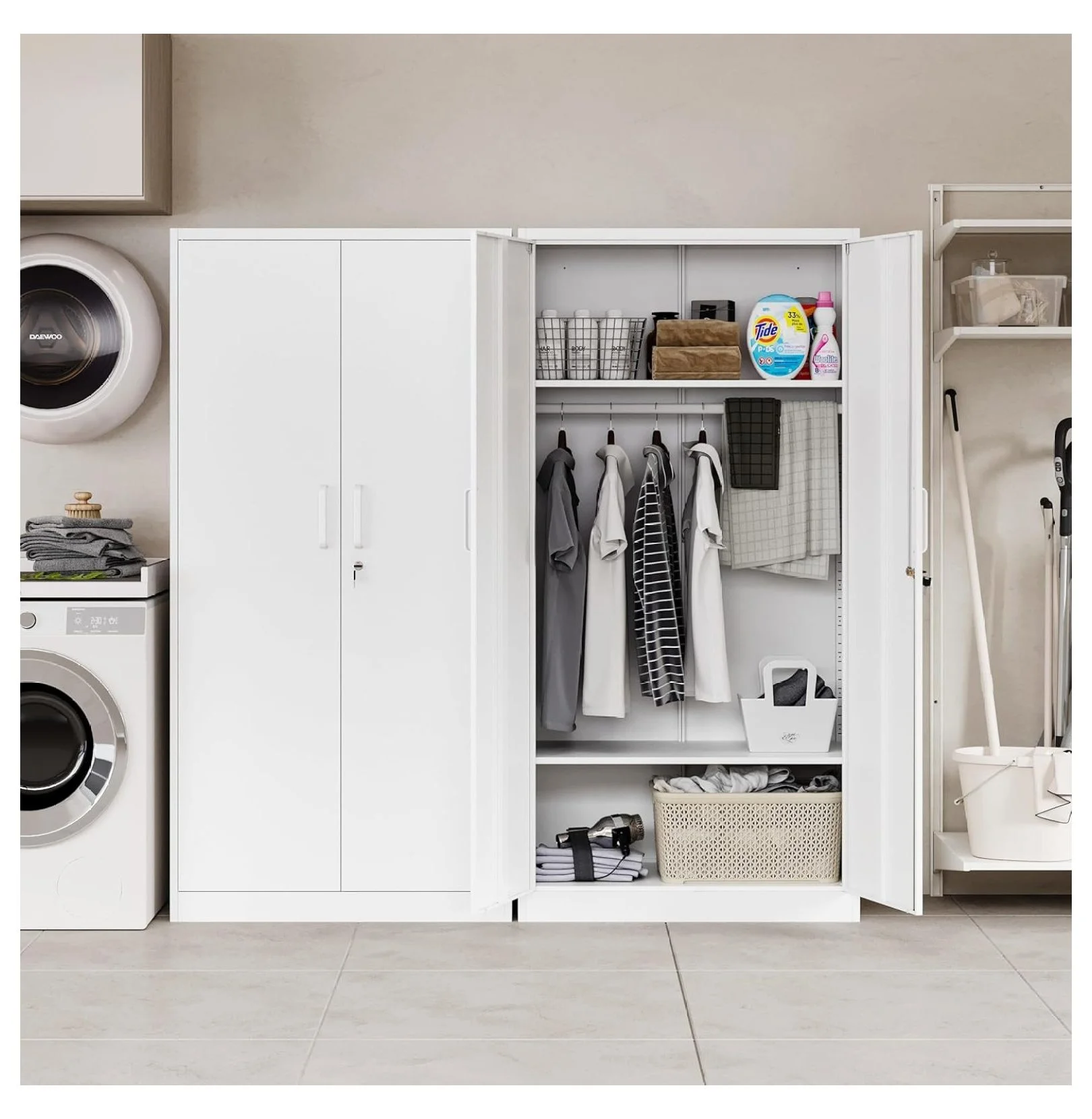 KriKac Metal Storage Cabinets with Lock Doors,Tall Locker Organizer Steel Garage Cabinets, 5 Adjustable Layers Shelves for Home, Office, Warehouse,Tool,Industrial(Black)