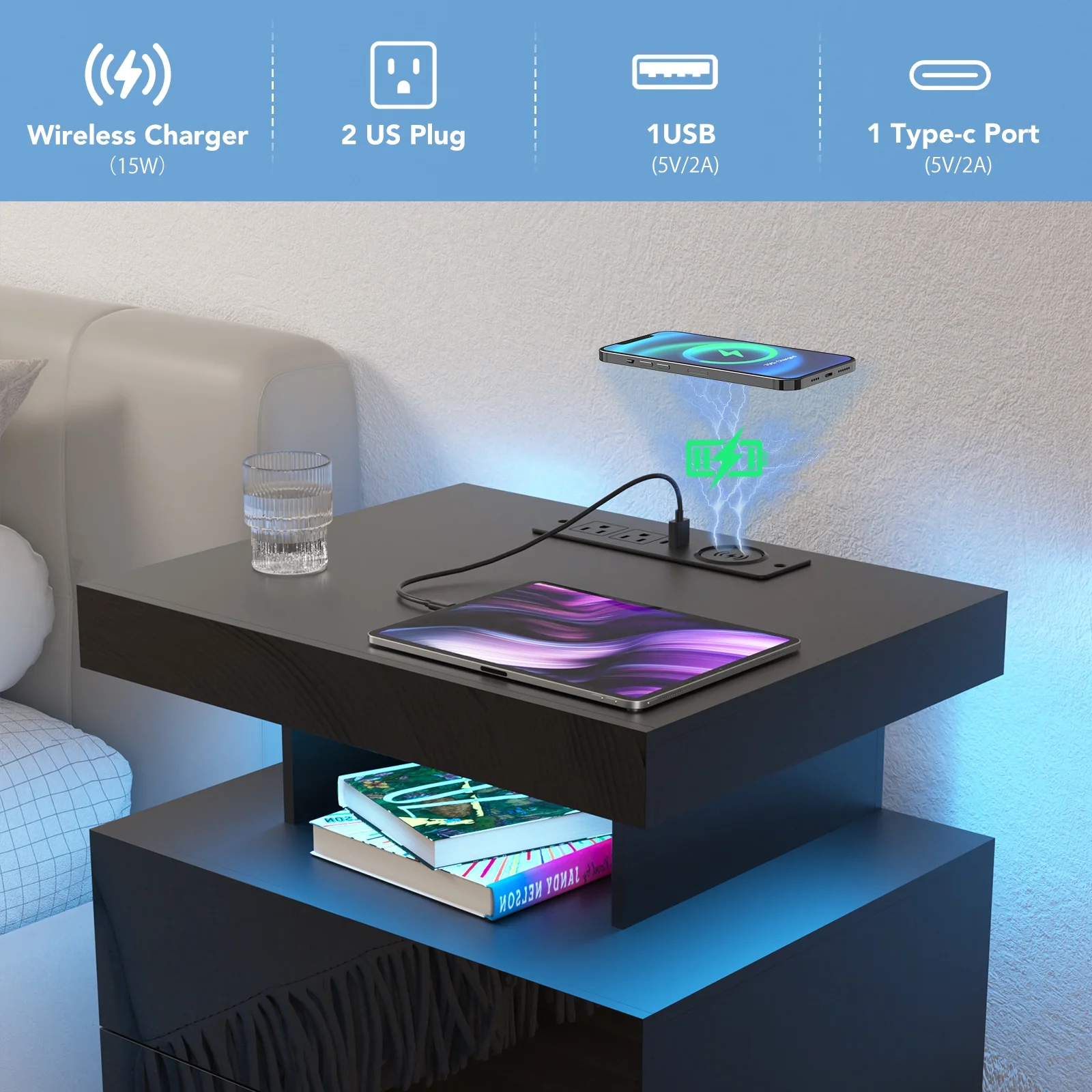 Hommpa LED Nightstand Wireless Charging Station USB Type C Outlets Bedside Table 3 Drawers Black Night Table Modern Smart Nightstand High Gloss End Side Table for Bedroom Furniture 26.8