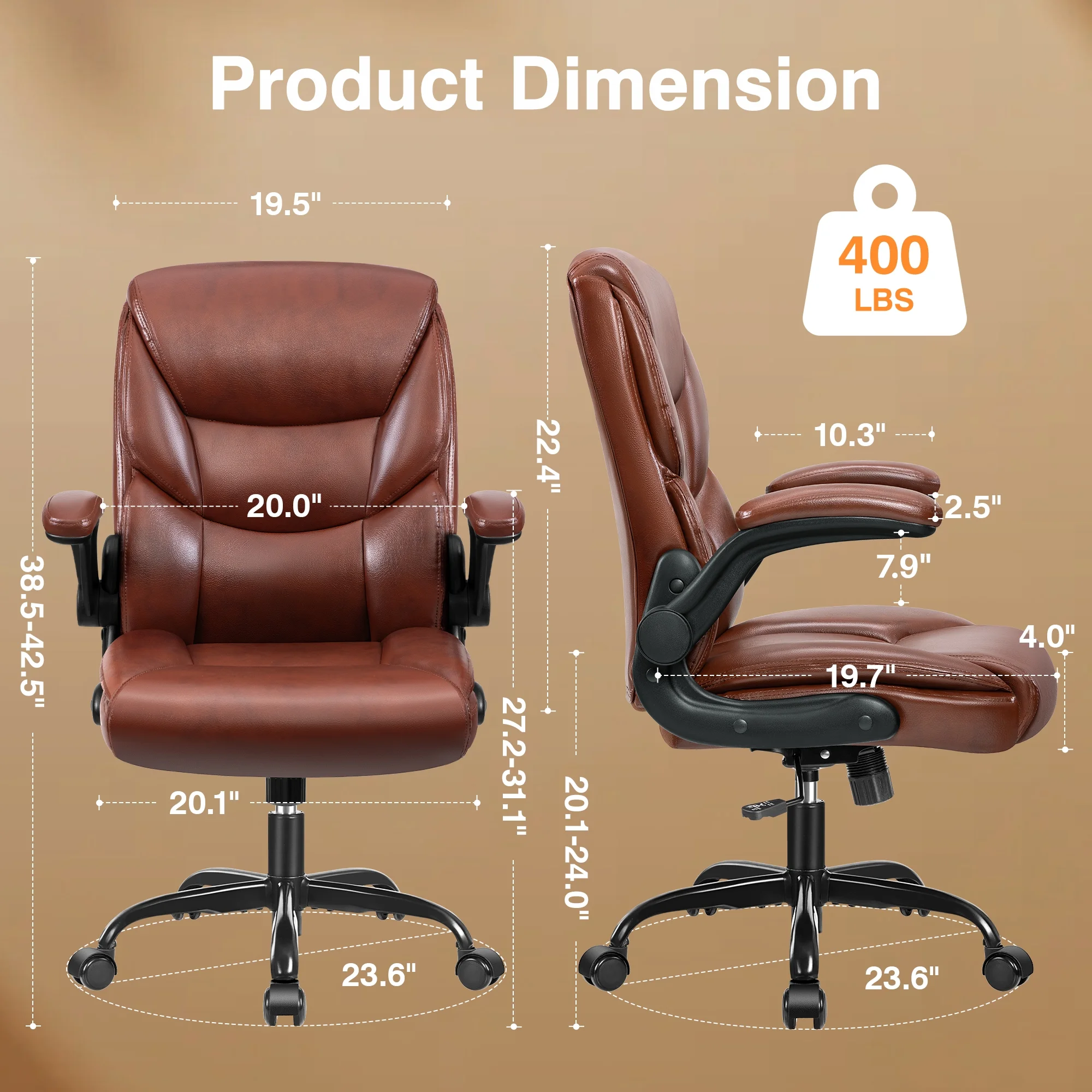 Primy Compact PU Leather Office Chair - Ergonomic Adjustable Height Computer Desk Chair with Flip-Up Armrests, Mid-Back Executive Swivel Chair on Wheels for Small Spaces & Petite Users, Black