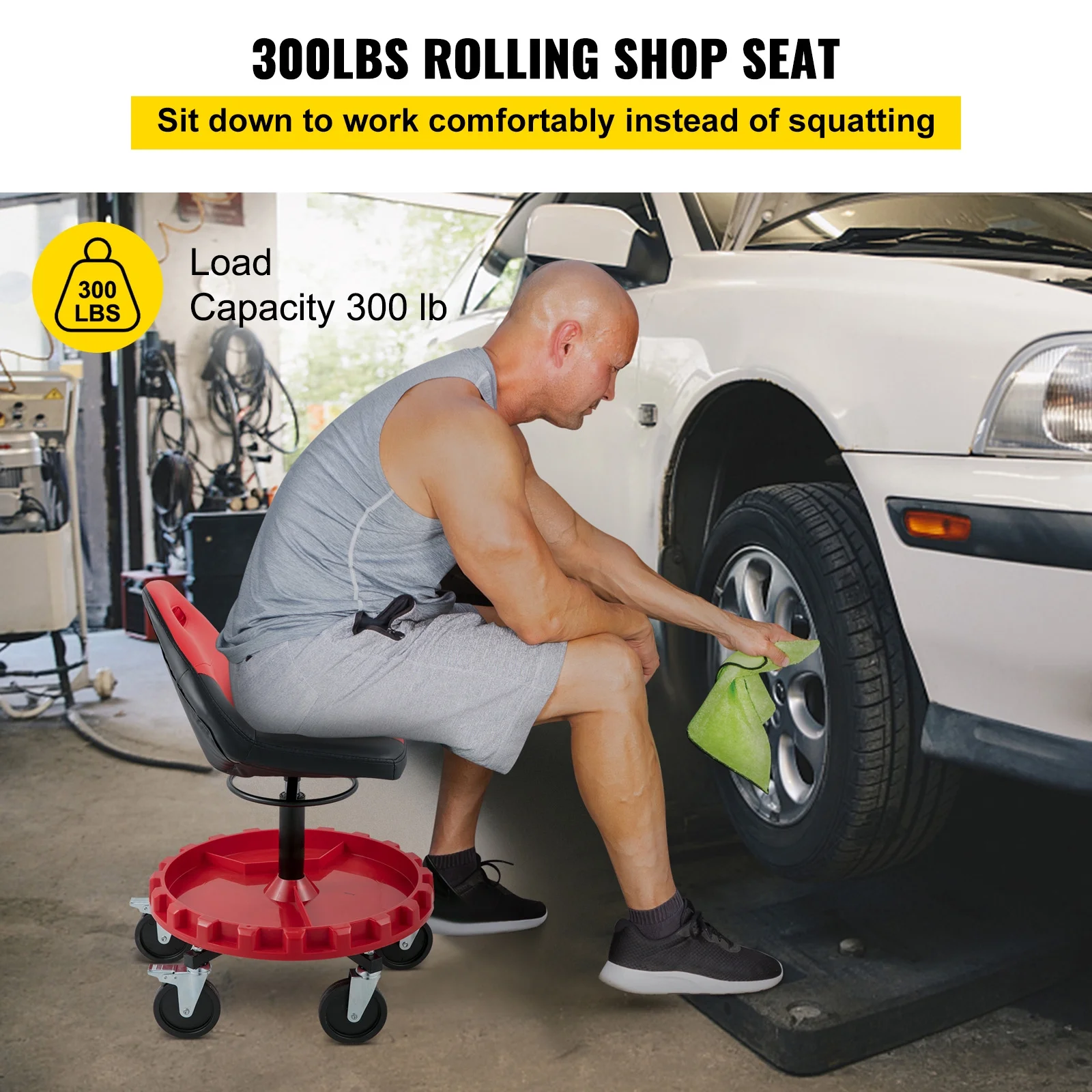 KFFKFF Rolling Work Stool Automotive Creeper Stool Adjustable Height 300-lb With Tool Storage Tray Red