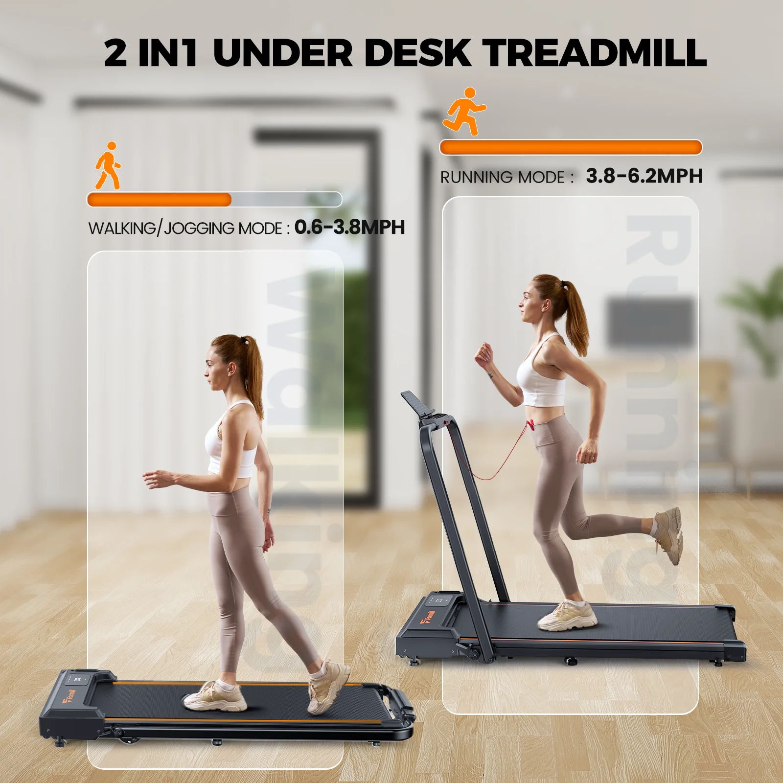 Treadmill 2 in 1 for Home/Office,Patbrela 300 Lbs Walking Pad Treadmill with HandleBar,Under Desk Treadmill with Mat, Touch Control,LED Display & Remote Control