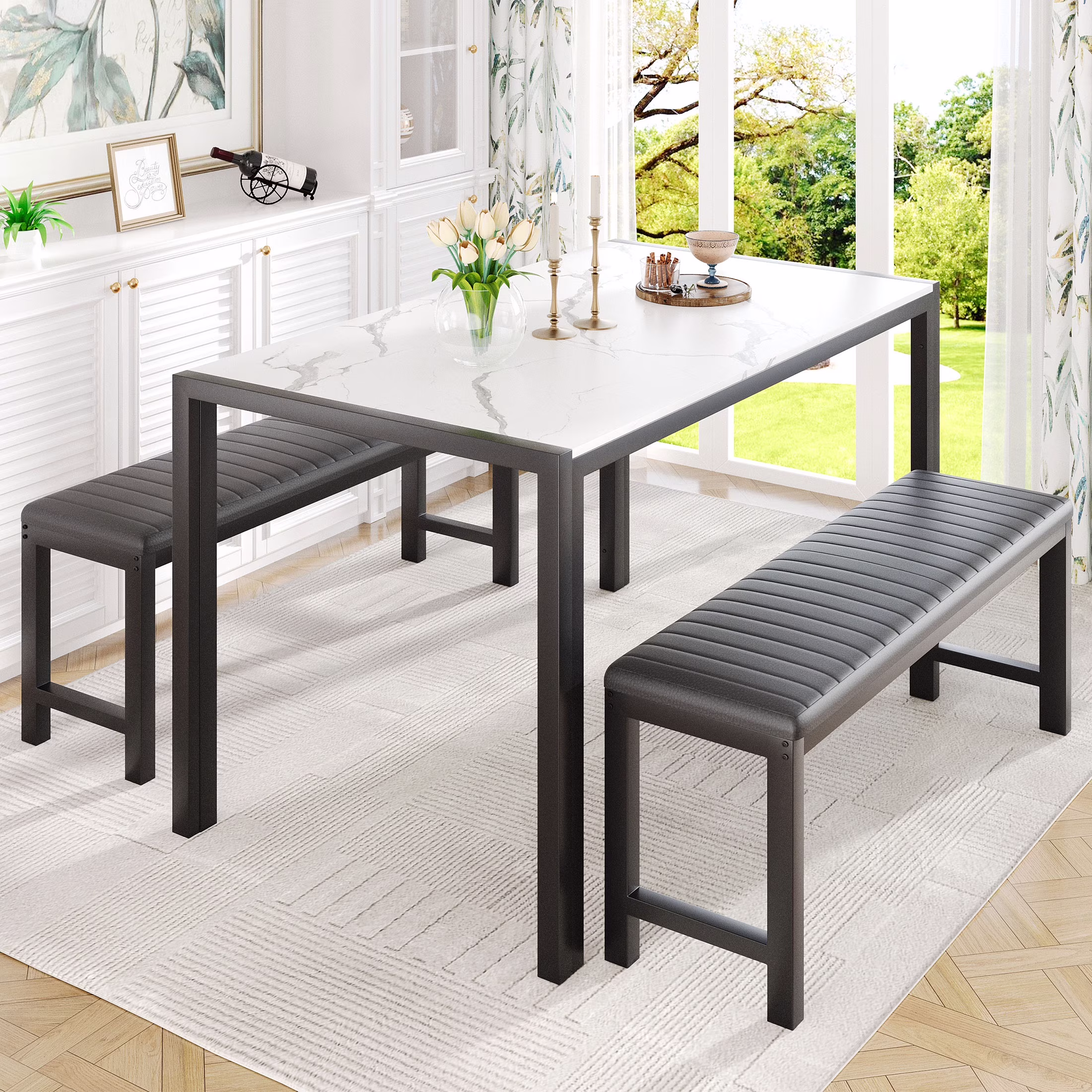 UHOMEPRO Dining Room Table Set, 3-Piece Dining Table Set with 2 Benches, Kitchen Table Set for 4 with Metal Frame, Modern Dining Room Set Furniture Set for Bar Dining Room Breakfast Nook, Black