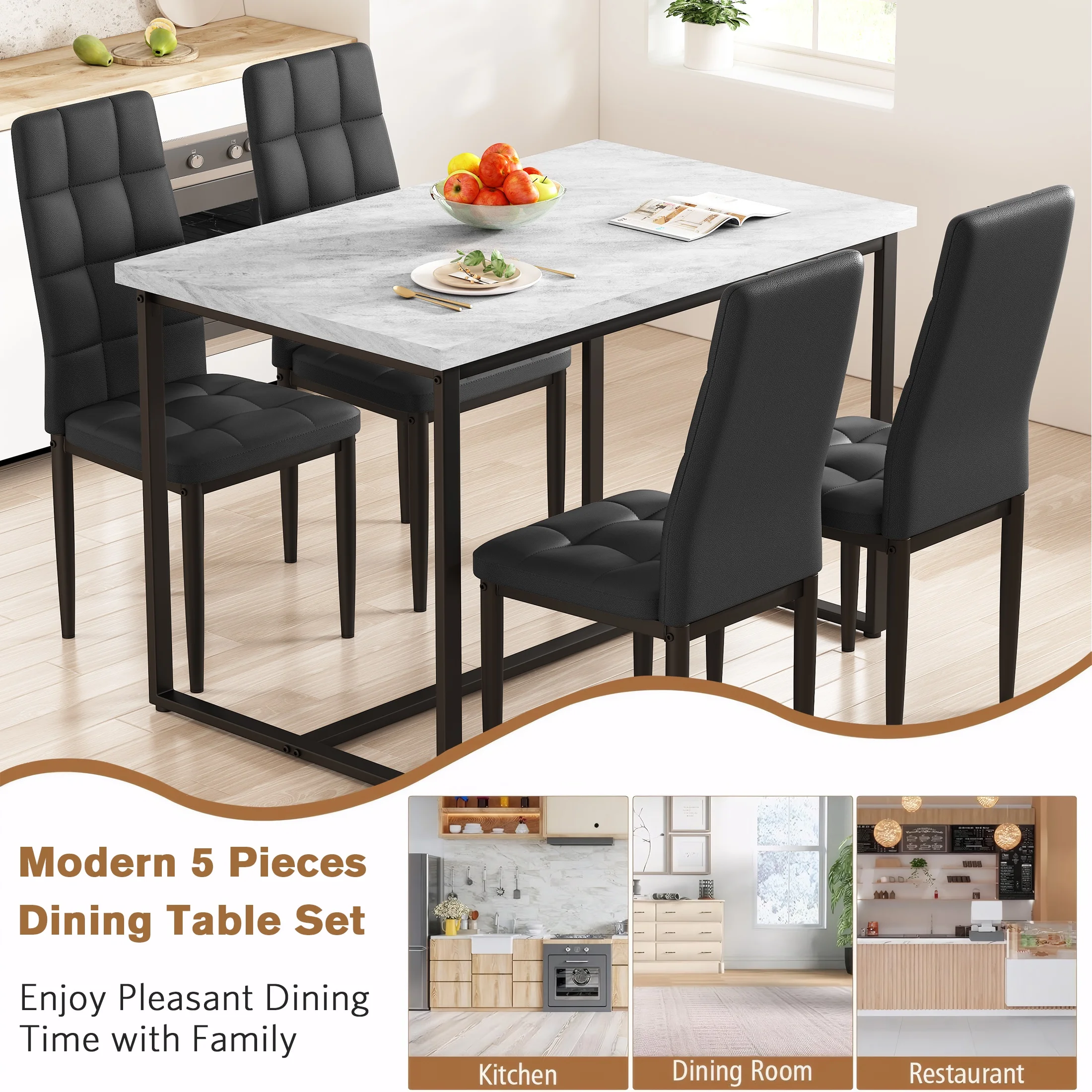 SEGMART Dining Table with 4 High-Back Upholstered Chairs, Modern Dinette Set, Dining Table & Chairs Set for 4 Persons, Small Home Kitchen Dining Table Set, Ideal for Apartment Breakfast Nook